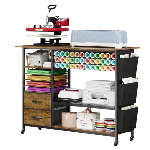 VENNQD Large Heat Press Table Stand, Rolling Heat Transfer Machine Desk Cart Drawers Compatible with Cricut Machines Vinyl Roll Holder DIY Organizer Crafting Table Workbench (Rustic Brown)