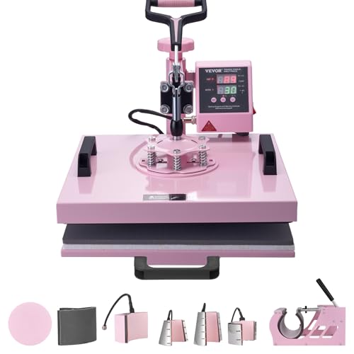 VEVOR 15x15 Heat Press Machine 8 in 1 Combo with 30 OZ Tumbler Press & Hat Press, Slide Out Heat Press Sublimation Machine for T-Shirts, Hats Caps Tumblers Glass Cans Mugs, and Plates (Light Pink)