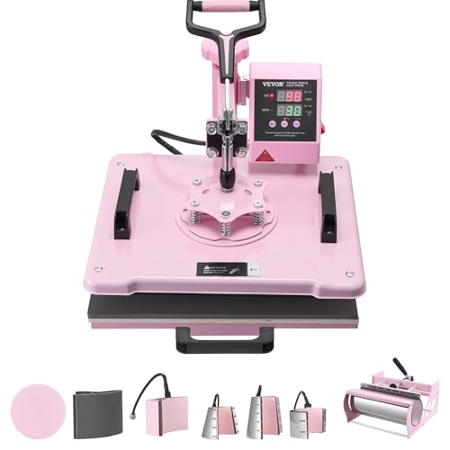 VEVOR 8 in 1 Heat Press Machine Combo with 30 OZ Tumbler Press & Hat Press 12x15 inch Heat Press for T-Shirts, Hats Caps Tumblers Glass Cans Mugs, and Plates (Pink) — Manufacturer product photo