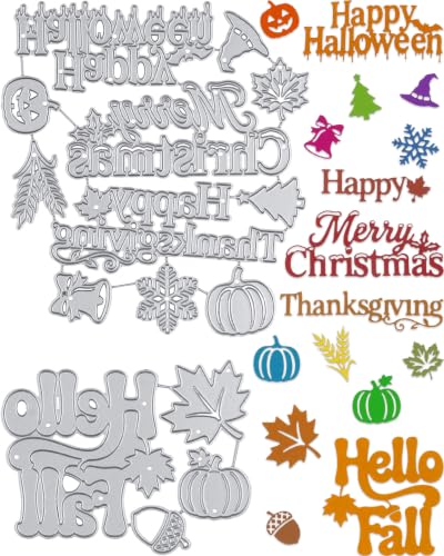 Kutyndrix Metal Die Cuts for Card Making, Seasonal Word Cutting Dies with Christmas Halloween Thanksgiving Fall and Spring Designs for Scrapbooking, Embossing and DIY Greeting Cards
