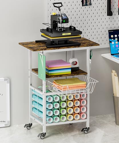 Ardier Movable Heat Press Machine Cart with Basket and Hooks, 3 Tier Crafting Shelf Organizer with Vinyl Roll Holder, Workbench for DIY Sublimation Transfer Machine and Printer or T-shirt Maker, White