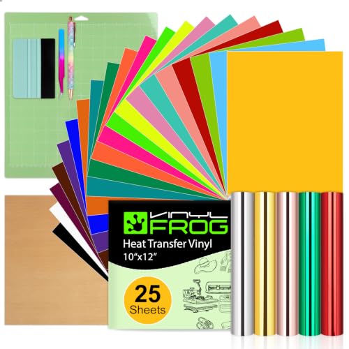 VINYL FROG 30PCS Heat Transfer Vinyl Bundle with Tools – 20 Sheets PU Iron on Vinyl + 5 Metallic HTV, 12"x12" HTV Starter Kit Scraper, Weeding Pen, Tweezers, Cutting Mat, Teflon for DIY T-Shirts