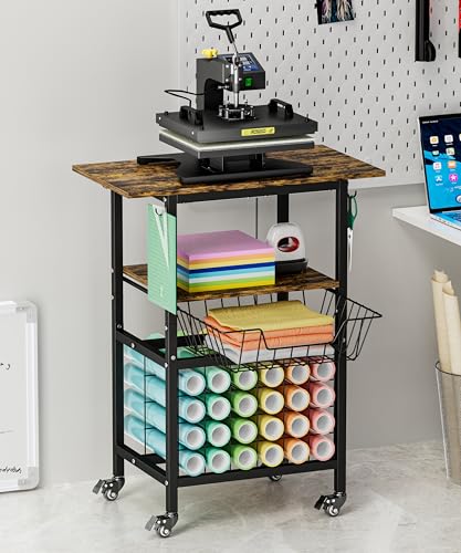 Ardier Movable Heat Press Machine Cart with Basket and Hooks, 3 Tier Crafting Shelf Organizer with Vinyl Roll Holder, Workbench for DIY Sublimation Transfer Machine and Printer or T-shirt Maker, Black