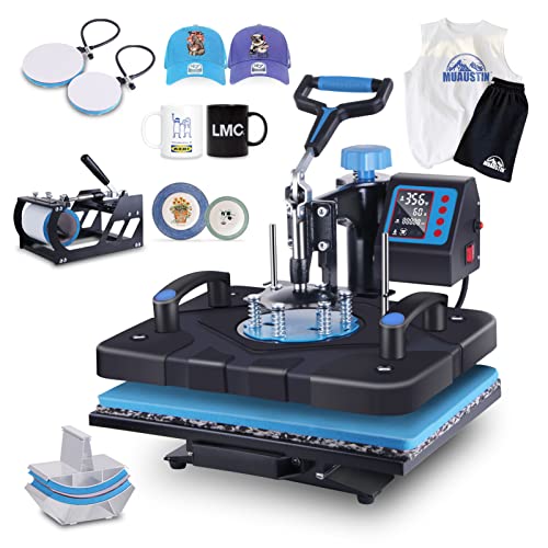 HORGELU Upgraded 5 in 1 Heat Press Machine 12x15 Inch Heat Transfer Machine 360-Degree Swing Away Multifunction Digital Sublimation Combo Heat Press for T Shirt Mug Hat Plate 110V Black Blue
