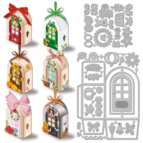 GLOBLELAND 3D Holiday Door Box Cutting Dies for Card Making Gift Box Frame Cut Die for Halloween Thanksgiving Day Christmas DIY Scrapbooking Journal Embossing Paper Craft Decor