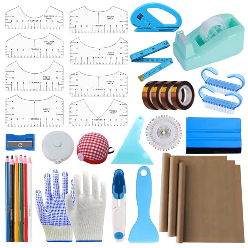 XEUZK Sublimation Shirts Tool Kits With 8 T Shirt rulers, 3Pack Teflon Sheet for Heat Press 12*16in, Heat Resistant Gloves With Silicone Bumps, 2 Rolls Heat Resistant Tape & Sublimation pencil (Blue)